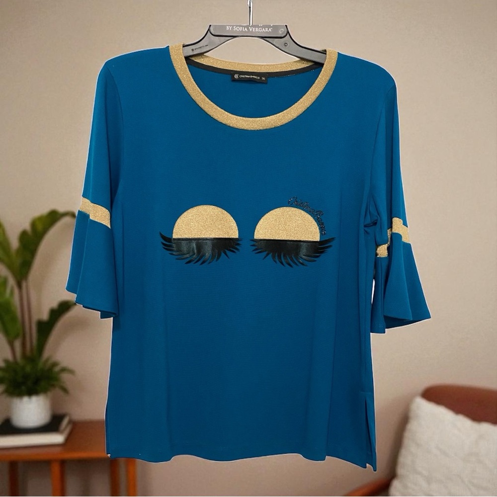 Cristina Barros Blue 3/4 Sleeve Eyelashes Sweater Sz 36